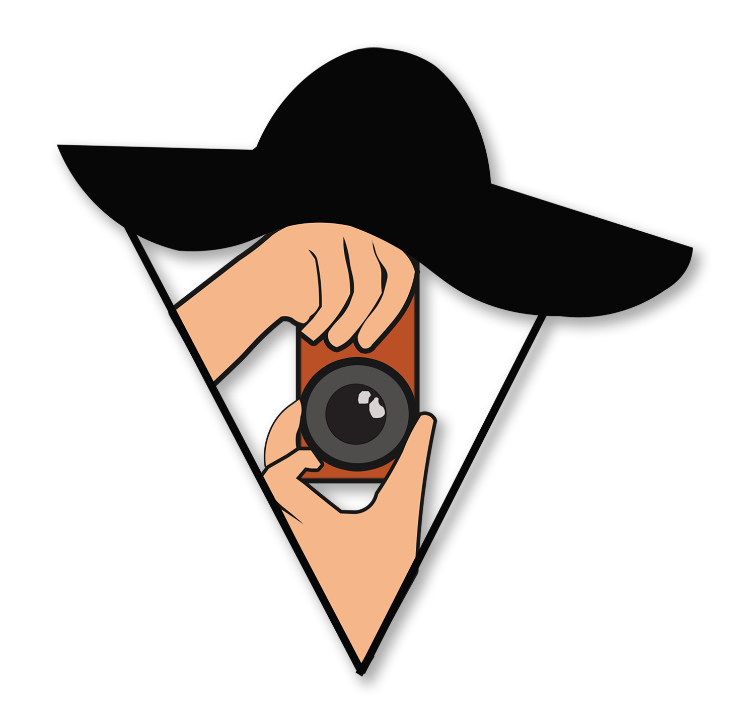 Hand holding a camera inside a triangle, topped with a wide-brimmed hat.
